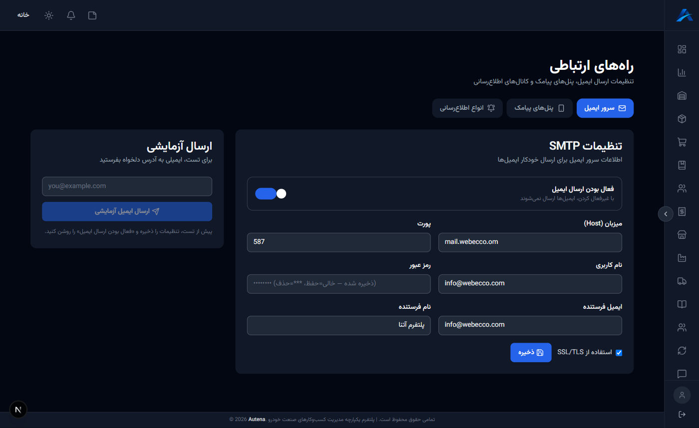 صفحه راههای ارتباطی با تنظیمات ایمیل و پیامک